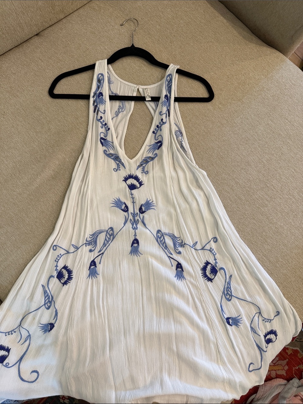 White Embroidered Boho Tank Dress with Blue Floral Detail